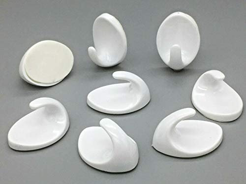 8 X Oval Hooks 38mm self Adhesive White Sticky Hook - Peel & Stick on