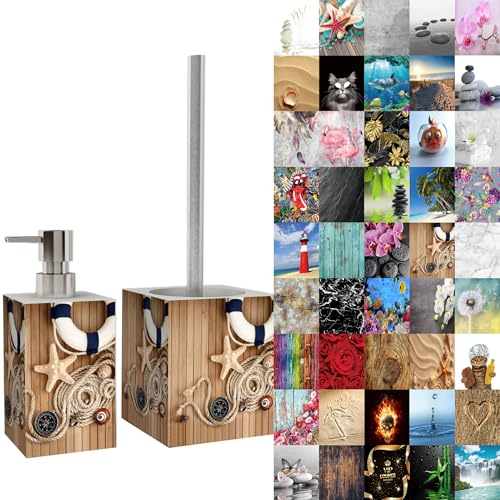 Sanilo Badezimmer Set, Seifenspender und WC Bürste mit Motiv, große Auswahl, Klobürste ohne Bohren, schöne Designs (Maritime)