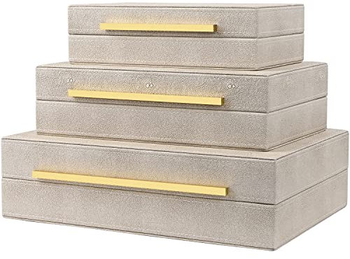 ZIKOUL Ivory Shagreen Box Set Of 3 Faux Leather Decorative Boxes, Large Modern Nesting Storage Decorative Boxes with Lids for Home Decor Stacking jewelry Box Organizer