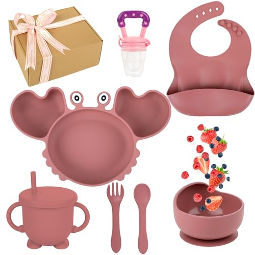 DIVERGIANA - Vajilla bebe silicona 9 piezas - platos bebe- BLW- baby led weanning bebe 6 meses- chupete fruta-cuenco con ventosa-cubiertos bebe-vajilla silicona bebe regalo- vajilla bebe ventosa