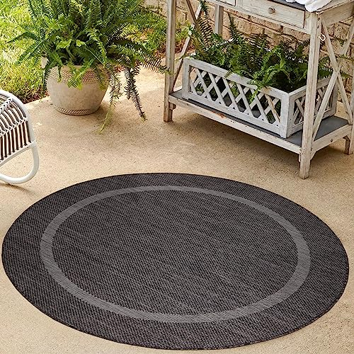 HomebyHome In & Outdoor Teppich Wetterfest Sisal Optik Schwarz 120 cm Rund - Balkon Teppich Wasserfest, Waschbar, Flachgewebe - Ideal für Küche, Camping, Garten und Terrasse