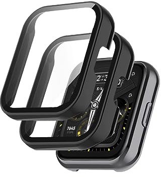 Alenbowen Estuche Compatible con Realme Watch 2 PC Cover con protección de Vidrio Templado, protección Completa Ultrafina Protector Cover-Negro+Negro【2 Piezas】