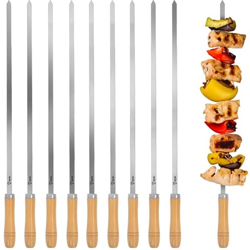 BBQ-Toro Edelstahl Grillspieße mit Holzgriff (10 Stück) | 54 cm | Schaschlikspieße, Grillspieß Set, Grill Skewers | Mangal Schaschlik, Drehspieß, Rotisserie | Grillzubehör, Fleischspieße