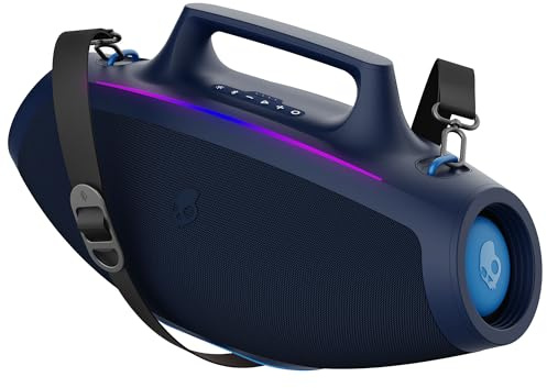 Skullcandy Barrel Bluetooth Boombox Speaker – Water-Resistant Wireless Portable Speaker, with LED Lightshow Mode, 12 Hour Battery, Multi-Link, & USB-C & USB-A Output Charging (Navy)