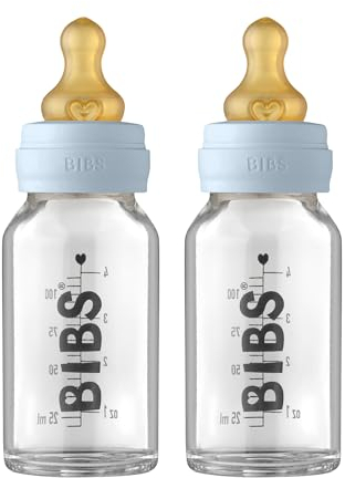 BIBS Baby Glass Bottle 110ml, 2er Pack, Vermindert Koliken, Runder Sauger aus Naturkautschuklatex, Unterstützt das Stillen, Complete Set - 110 ml (Pack of 2), Baby Blue