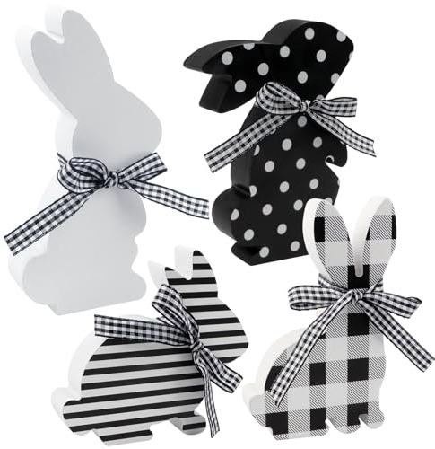 4PCS Easter Bunny Wooden Signs Bunny Decor Bunny Shaped Farmhouse Decor Easter Tabletop Decor for Easter Party DIY Home Office Farmhouse (Classic Style)