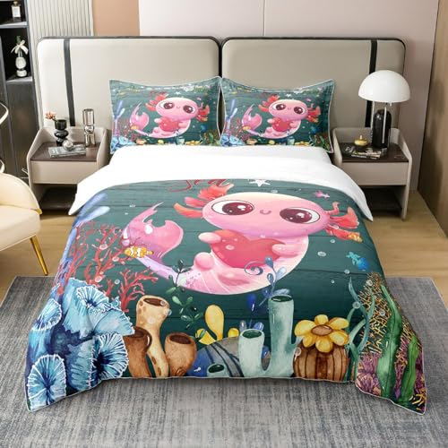100% Baumwolle Nette Axolotl Tröster Abdeckung 135x200 Cartoon Axolotl Bettwäsche Set Welt Oase Bettbezug Natur Unterwasser Bettbezug für Teenager,Kawaii Rosa Schlafzimmer Dekor