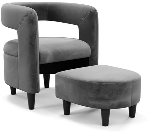 COSTWAY Velvet Armchair with Footstool, Modern Upholstered Accent Tub Chair and Ottoman Set, Tucked Space-Saving Comfy Sofa Chair Club Barrel Seat Reading Armchair for Living Room Bedroom (Grey)
