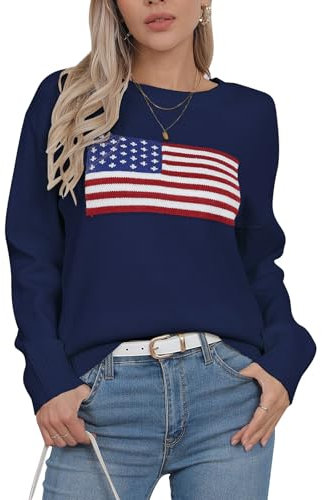 Drvitor Damen-Pullover mit amerikanischer Flagge, langärmelig, Rundhalsausschnitt, gestrickt, lässiger Pullover, 971 - Marineblau, Mittel