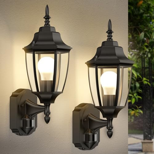 Lamomo 2 Pack Outdoor Wall Lights, Outside Motion Sensor Lights Mains Powered, Traditional Black Waterproof Aluminium PIR Security Light Outdoor, E27 Bulb Base