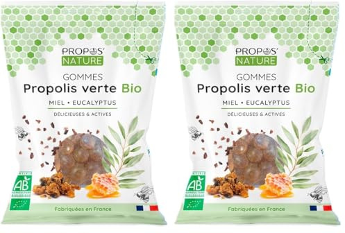 Gommes de Propolis Verte Bio - Miel & Eucalyptus - 45g - Maux de gorge - Certifié Agriculture biologique - Fabrication Française - Huile essentielle d'Eucalyptus Bio - PROPOS'NATURE (Lot de 2)