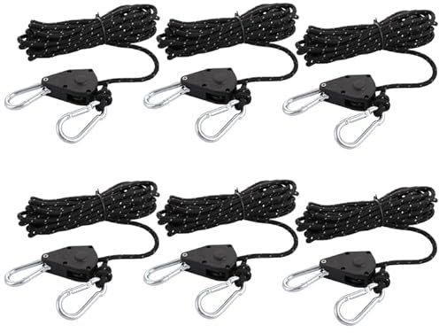 GBACHOOSE 6 Pcs Reflective Tent Guy Ropes with Pulley, 5M Tent Guide Rope Tensioners with Aluminum Adjuster, 4mm Heavy Duty Ratchet Ropes for Outdoor Camping Hiking Awning Tents (Black)