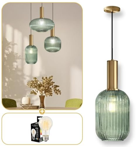 Lumeo creative | Suspension verre fumé Cristali | Lustre vintage pour salle à manger, ilot de cuisine, entree | suspension luminaire salon doré | Suspension vintage (Vert Amande, A - Poignée Tube)