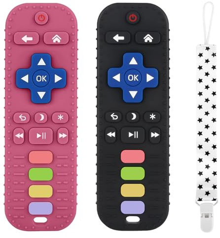 WUJUN Baby Teether Toy Chew Toy for Babies 3-24 Months TV Remote Control Shape Teething Relief Baby Toys for Infants, BPA Free Freezable Dishwasher Refrigerator Safe (Rose Red+Black)
