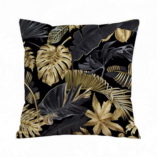 ERRTU Kissenbezug 45x45 cm,mit goldenen und schwarzen tropischen Blättern auf dunklem Hintergrund.,Dekokissen Kissenbezüge Deko Kissen Bezug Wohnzimmer Zierkissen für Sofa Stuhl Bett Garten