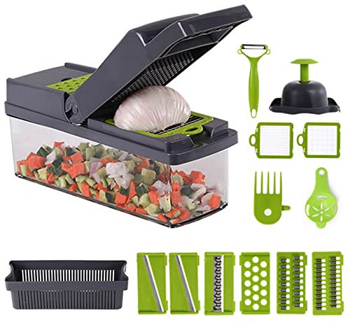 14 in 1 Veggie Chopper Interchangeable Blades, Multifunctional Vegetable Cutter and Grater,Food Chopper,Tomato Dicer, Onion Chopper,with 7 Stainless Steel Blades