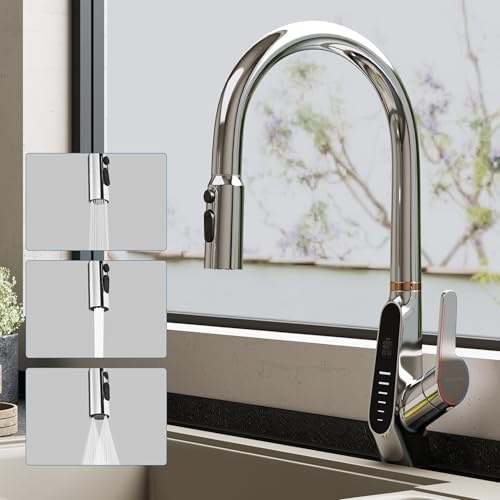 doporro Wasserhahn Küche Silber, Küchenarmatur mit LED Temperaturanzeige | Hochdruck ausziehbare Mischbatterie, Spültischarmatur mit Vollmessing-Körper, 360 Grad schwenkbar, 3 Strahlarten MS-8085