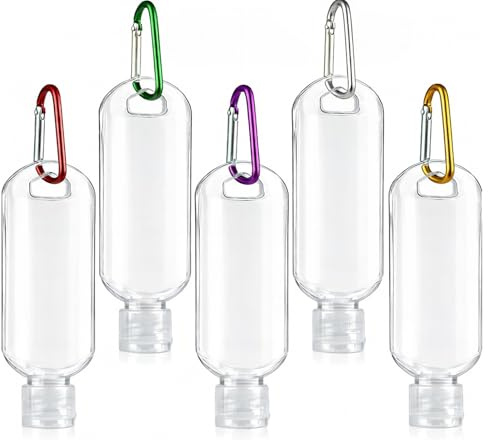 BINKUOMCG 5 PCS Leakproof Squeeze Containers with Keychain Clips, 50ml Clear Portable Travel Bottles, Flip Cap Plastic Empty Bottles for Toiletries, Hand Sanitizer and Cosmetics (Transparent)