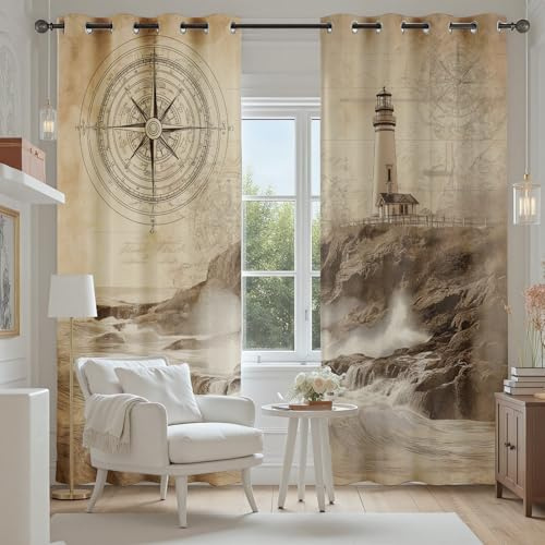 Tyafsgvqo Leuchtturm Verdunkelungsvorhänge 2er Set, Retro Nautisch Kompass | Vorhänge Wohnzimmer 137x117 cm Maritim Küste Landschaft Gardine Blickdicht Schallschutz Thermovorhang mit Ösen