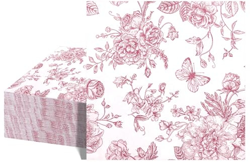 40 Stück Rosa Blumen Cocktail Servietten, 16,5 Cm Party Papierservietten | Vintage Blumen Papier Party Servietten für Babyparty Brautparty Gartenparty