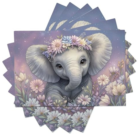 Tischsets 4er Set, 45x30cm Abwaschbare Platzsets, Elefant Mit Blumenkranz Tischsets, Cartoon-Aquarelltier Tischdekoration Für Küche Bauernhaus Urlaub Bankett Grün, Rosaviolett