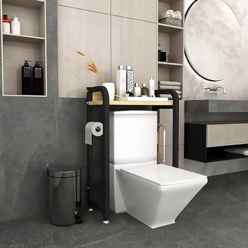 Armadietto salvaspazio per WC, elegante design con apertura laterale, per bagno, lavanderia e toilette, elegante finitura noce chiaro e nera, ideale per case e hotel (GG4852)