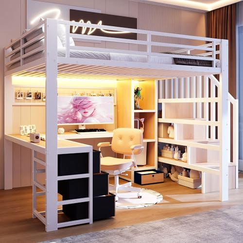 YCYDHDM Hochbett Metallbett 140x200 cm mit Schreibtisch und Schubladen, Etagenbett mit Stauraumtreppe und Ablagefach, Sicherheitszaun-Design, Bett für Kinder und Jugendliche, Weiß