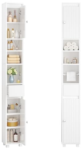 FORABAMB Badezimmerschrank, Badschrank Schmal mit Verstellbaren Ablagen, Schublade, offenen Fächern, Klopapierhalter, Platzsparender Badezimmer Hochschrank für kleine Räume, 20 x 20 x 180 cm, Weiß