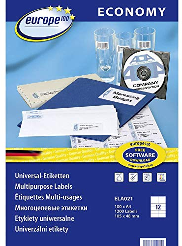 Europe100 Art. ELA021 Adressaufkleber (1.200 Klebeetiketten, 105x48mm auf A4, Papier matt, individuell bedruckbar, selbstklebende Adressetiketten, kompatibel zu AVERY 3424) 100 Blatt, weiß