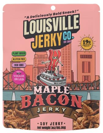 Louisville Vegan Jerky Co. - Vegan Jerky Paulette's Maple Bacon - 3 oz. | 6g Protein, Plant-Based Protein Snack, Vegetarian Jerky, Meatless, Sweet and Smoky, Ready-to-Eat, Vegan Bacon Alternative