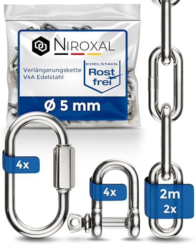 2 Stueck 200-cm = 2-Meter 5-mm starke Verlaengerungs-Kette aus Edelstahl Bruchlast max 900 kg mit Schaekel Schraub-Verbinder aus V4A Befestigungs-Set Aufhaengung von Boxsack Haengematte Haengesessel