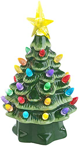 infactory Weihnachtsbaum klein: Deko-Weihnachtsbaum aus Keramik mit LED-Beleuchtung, Timer, 19 cm (Mini Tischdeko, Kleiner Deko, Weihnachtsbaumbeleuchtung kabellos)