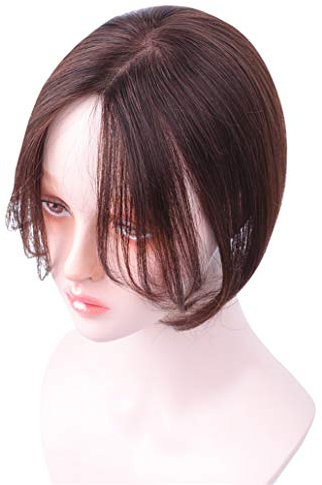 Mono-Echthaar-Clip-in-Perücken-Topper, unsichtbare Krone, mit gewelltem Pony, für Frauen, 17,8 cm, Dunkelbraun