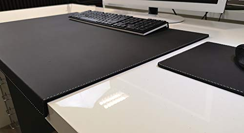Gewinkelte Schreibtischunterlage mit Kantenschutz + Mousepad Echt Leder Schwarz mit grauer Naht 90 x 47cm Echt Nappaleder glatt