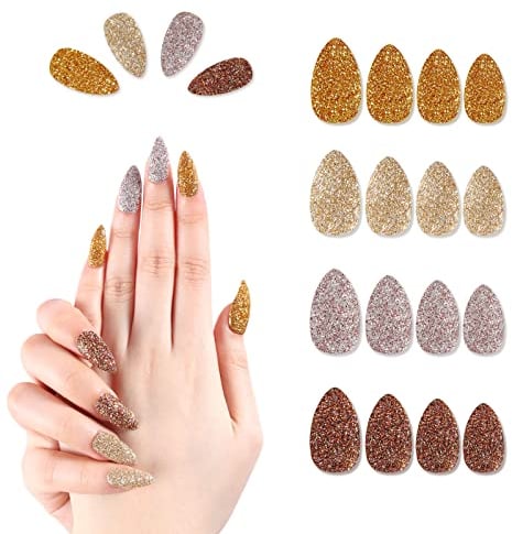 SIUSIO 96 Pcs Stiletto Fake Nails Press on Full Cover Top Coat Powder Glitter Bling Flakes Sequins Medium Covered Gel Length False Acrylic Nail Kits for Women and Girls(Gold & Silver Glitter Series)