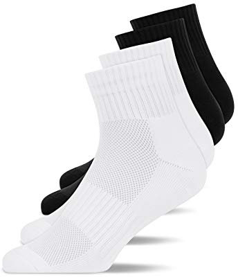 Snocks Mittelhohe Laufsocken Herren Damen 4 Paar - Atmungsaktive Sportsocken ohne Verrutschen - Gemütliche und weiche Funktionssocken - Quarter Socken Sport - Gr. 35-38 - Farbe Mix (Schwarz/Weiß)