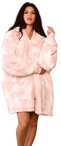 Dreamscene Tie Dye Oversized Hoodie Blanket Pullover Soft Sherpa Fleece Warm Comfy Wearable Throw Giant Hooded Sweatshirt - Pastel Blush Pink