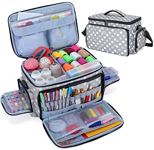 Luxja Nähset Aufbewahrung, Nähzubehör Tasche Organizer für Anfänger, Reisende, Tragetasche für Nähmaschine Zubehör und Nähzeuge, Grau Punkt