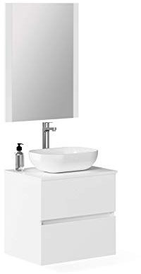 Baikal Baño Onyx, 2 cajones, suspendido en Pared, con Lavabo cerámico. Mueble Montado, Melamina 16,Mueble F46 + Top + Lavabo + Espejo 60 cm Blanco