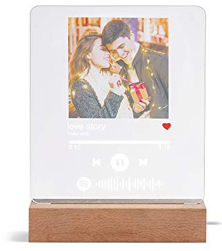 Luz de Noche Foto Spotify Personalizadas con Foto Grabado Lámpara de Noche Placa de Música Escaneable Spotify Vidrio Acrílico Canción Regalo para Mujeres Novio Día San Valentín (Blanco)