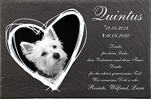 Pokal Center Westerheider Tiergrabsteine Herz Katzen - Hunde, Gedenksteine für Tiere mit personalisierter Gravur, Hunde, Katzen, Haustiere Gedenksteine aus Naturschiefer 30x20 cm