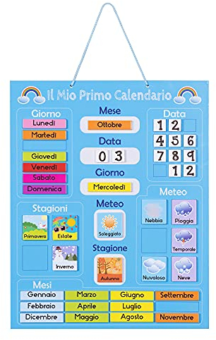Navaris Kalender Tafel für Kinder - Lerntafel Jahreszeiten Uhr - Magnet Spiel Lernuhr - Kinderkalender Jahreskalender magnetisch blau - italienisch