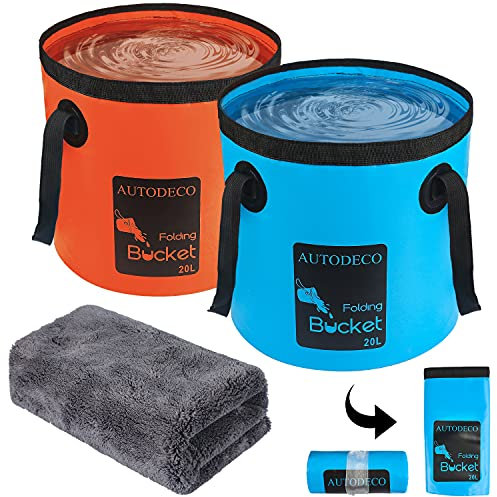 AUTODECO Lot de 2 seaux pliables de 19 litres - Pour le camping, la pêche, la randonnée, les voyages, le jardinage, le lavage de voiture - Bleu et orange