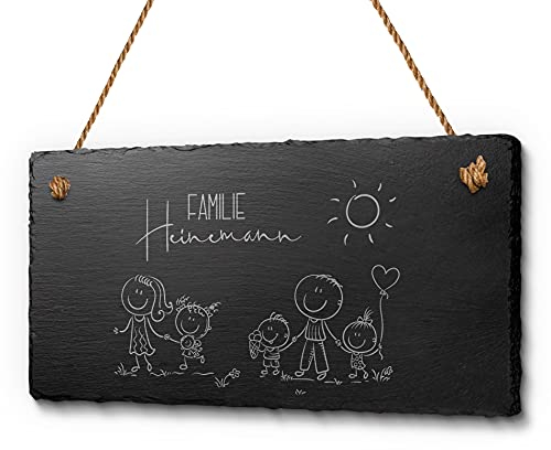 Familienschild aus Schiefer mit Gravur ca. 20x10 cm - Haustürschild mit Figuren Mama Papa Kinder | Individuelle Dekoidee | Tolles Türschild für Familien