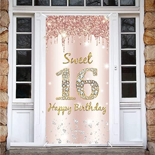 Süßer 16. Geburtstag Mädchen Deko, Sweet 16 Happy Birthday Roségold Door Banner, 16. Geburtstag Stoff Schild Plakat Türdekoration Hintergrund Geburtstagsfeier Deko