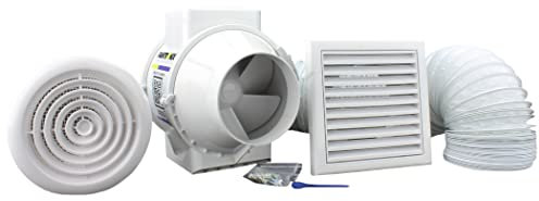 100mm - 4 inch dia Inline Bathroom Fan Kit with RUN ON TIMER Bathroom Fan With Timer Kit Loft Mounted Kitchen Utility Room Vent cover With Mesh