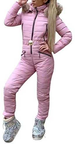 Minetom Damen Einteiliger Skioverall Winter Warm Schnee Skifahren Sätze Outdoor Jumpsuit Langer Overall mit Kapuze Reißverschluss Skianzüge Wasserdicht Winddicht Schneeanzug C Rosa XS