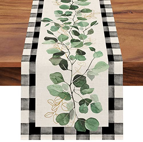 Seliem Tischläufer aus Eukalyptusblatt, für Frühling und Sommer, Schwarz / Weiß, Büffelmuster, kariert, für Zuhause, Küche, botanische Dekoration, saisonale Bauernhäuser, Partyzubehör, 33 x 182 cm