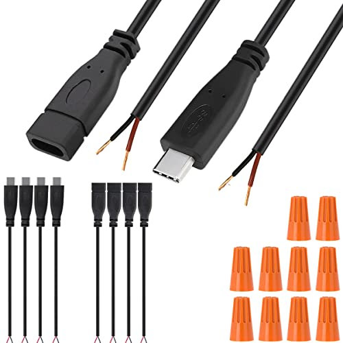 DKARDU USB C Connector DIY Solderable 2 Wire Power Supply Extension Cable Charger Connector Plug 2 Pin Line for PCB USB to DIP Adapter for Arduino, LED Strips, 4 PCS USB Male + 4 PCS USB Female