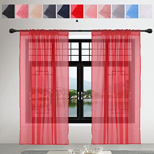 Trimming Shop Red Voile Curtains 2 Panel Semi-Transparent Sheer Slot Top Curtain Pair 142 x 229cm for Window & Door Lightweight Net Curtain for Bedroom, Kitchen & Living Room